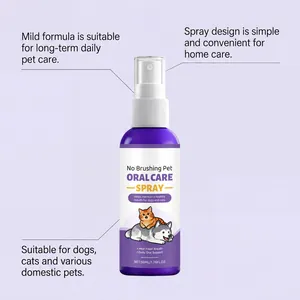 Detail of pet oral care spray showing mild formula and easy spray design for dogs and cats.