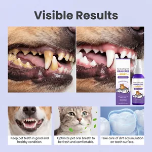 Detail view of pet oral spray showing visible before and after teeth cleaning results