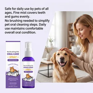 Detail view of 50ml pet oral care spray for dogs and cats with woman petting dog