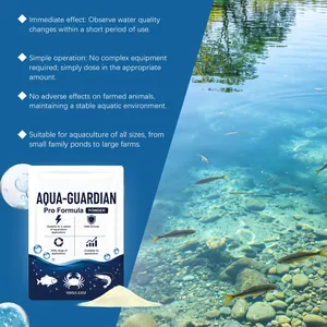 Professional Aqua-Guardian water clarifier powder showing benefits for fish ponds and tanks