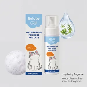 Close-up of EelJoy 60ml pet dry shampoo bottle and box with foaming texture detail