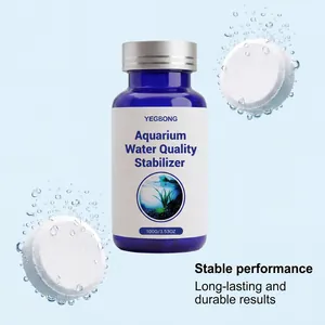 Detail macro view of YEGBONG aquarium water quality stabilizer tablets and blue bottle.