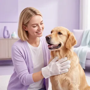 Mujer usando un guante de limpieza blanco texturizado para mascotas en un Golden Retriever.