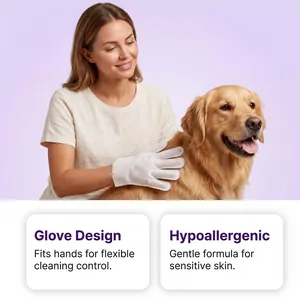 Detalle de guante hipoalergénico para mascotas con ajuste flexible en un retriever
