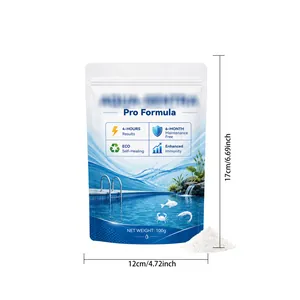 Dimensions of 100g water clarifier powder bag with white purifying powder detail.
