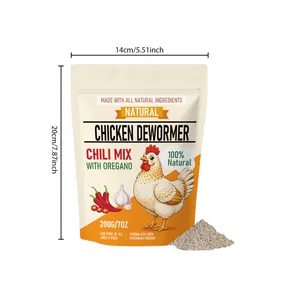 Detailed dimensions for the 200g natural chicken dewormer chili mix feed pouch