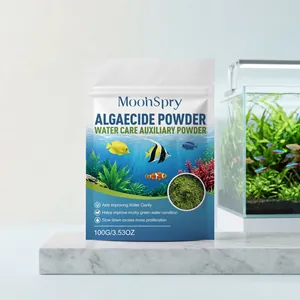 MoonSpry algaecide powder for aquarium water care displayed next to a clear fish tank