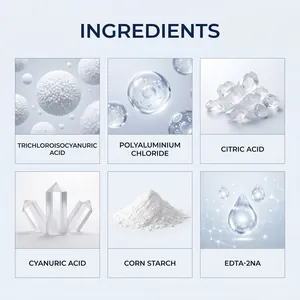 Close-up detail of water clarifying powder ingredients including citric acid and corn starch