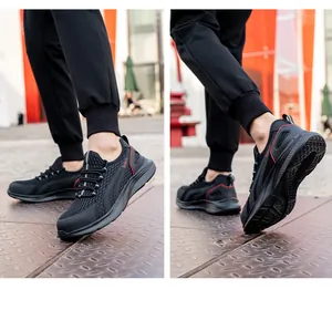 Detailed view of breathable mesh men's safety shoes with lightweight anti-slip EVA soles.