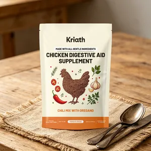 Detailed close-up of Kriath chicken digestive aid supplement bag on a rustic wooden table