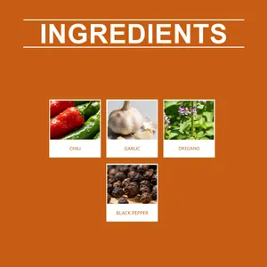 Detail showing natural ingredients: chili, garlic, oregano, and black pepper for poultry