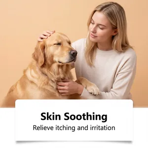 Gros plan d'une femme caressant un golden retriever, effet apaisant pour la peau d'animaux