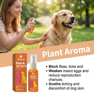 Spray naturel contre les puces et tiques pour chiens appliqué sur un Golden Retriever au parc
