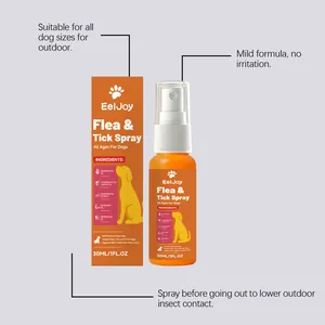 Spray anti-puces et tiques EelJoy 30ml pour chiens avec boîte et détails ingrédients.