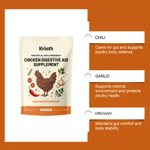 Detail of chicken digestive aid supplement showing chili, garlic, and oregano benefits