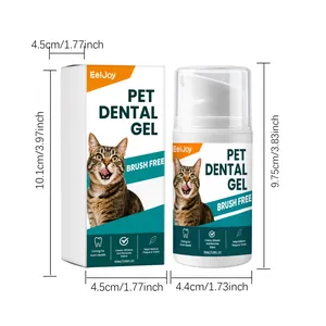 Gedetailleerde afmetingen van EelJoy 50ml huisdier tandgel met doos en pompflacon.