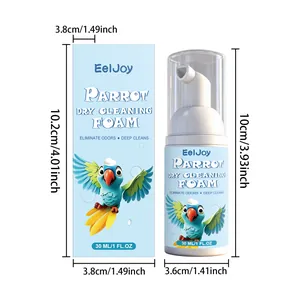 EelJoy 30ml parrot dry cleaning foam showing product dimensions for feather care