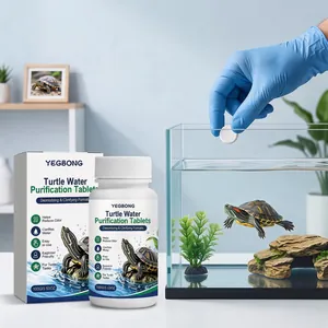 Detailansicht der Zugabe einer Schildkröten-Wasserreinigungstablette in ein Aquarium.