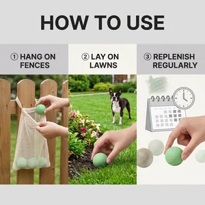 Instructional guide showing how to use dog repellent balls on fences and lawns