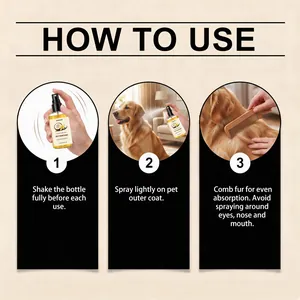 Instructional guide for using YEGBONG vanilla coconut pet perfume spray on dogs.
