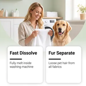 Pet hair removal effervescent tablets shown in laundry scene with clean towel and dog