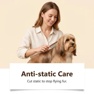 Detailed view of woman grooming a long-haired dog, showing anti-static pet care benefits
