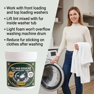 Pet hair dissolver effervescent tablets shown with model in a home laundry room setting
