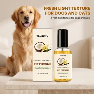 YEGBONG pet perfume spray bottle and box with coconut vanilla scent on table detail