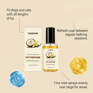 Detail of YEGBONG pet perfume spray with coconut and vanilla scent for dogs and cats.