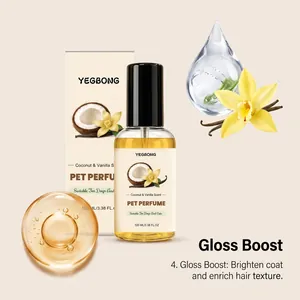 Detail view of YEGBONG pet perfume showing gloss boost effect and vanilla coconut scent.