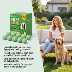 Detail view of dog repellent balls with outdoor usage scenario and benefits description.