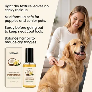 Vanilla coconut pet perfume for dogs and cats used on golden retriever grooming scene