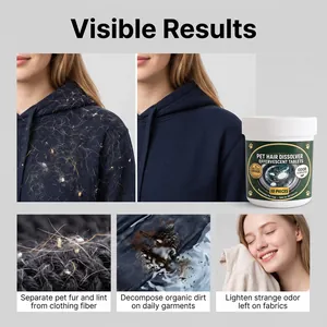 Close-up showing pet hair dissolver tablets effectively removing fur and stains from fabric.