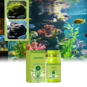 Detail view of YEGBONG aquarium purifier bottle and box with before and after effect