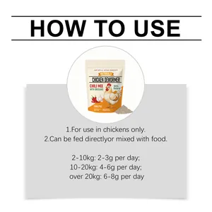 Detailed usage guide for chicken nutritional dewormer powder showing daily dosage instructions.