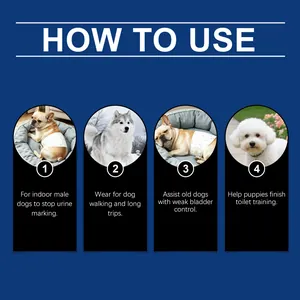 Visuele gids met vier gebruiksscenario's voor wegwerpluiers voor reu honden.