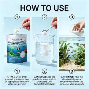 3-step visual instruction showing how to take, dissolve and sprinkle algaecide powder.