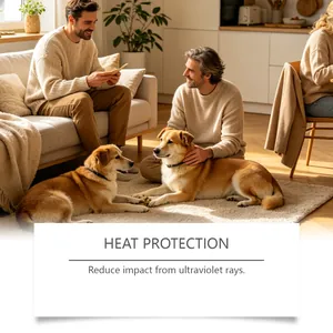 Aceite para el cuidado del pelo de mascotas contra calor y rayos UV en un hogar cálido