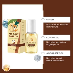 Detalle completo del aceite para el pelo de mascotas con aceite de coco y jojoba.