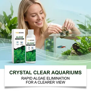 Detail view of YEGBONG algae remover bottle with a crystal clear aquarium background