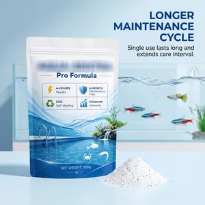 Detail view of water clarifying powder with white and blue granules in front of a 100g pouch