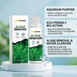 Close-up of YEGBONG aquarium algae remover bottle and box with eco-friendly features