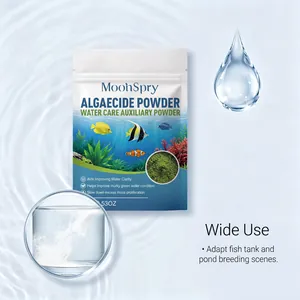 Detail view of MoonSpry Algaecide Powder dissolving in water for fish tank cleaning.