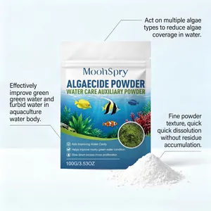 Close-up of fine white algaecide powder texture next to aquarium water care packaging