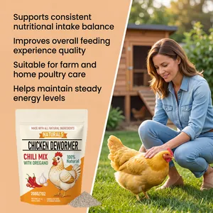 Natural chicken dewormer powder with chili and oregano in a farm setting