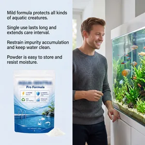 Man observing clear aquarium with water clarifying powder pouch and feature highlights