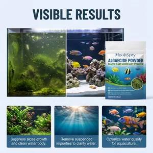 Algaecide powder showing before and after visible results for aquarium water clarity