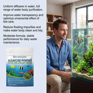MoonSpry algaecide powder for aquarium water clarity and health in a home setting.