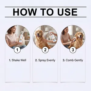 Guide d'utilisation du spray lissant EELJOY pour poils d'animaux sur un golden retriever