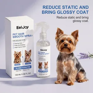 Flacon de spray lissant EelJoy à côté d'un chien au pelage brillant pour résultats.